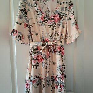 Floral Print Midi Dress Women's Size Medium, Ruffle Bell Sleeves, Tie Waist